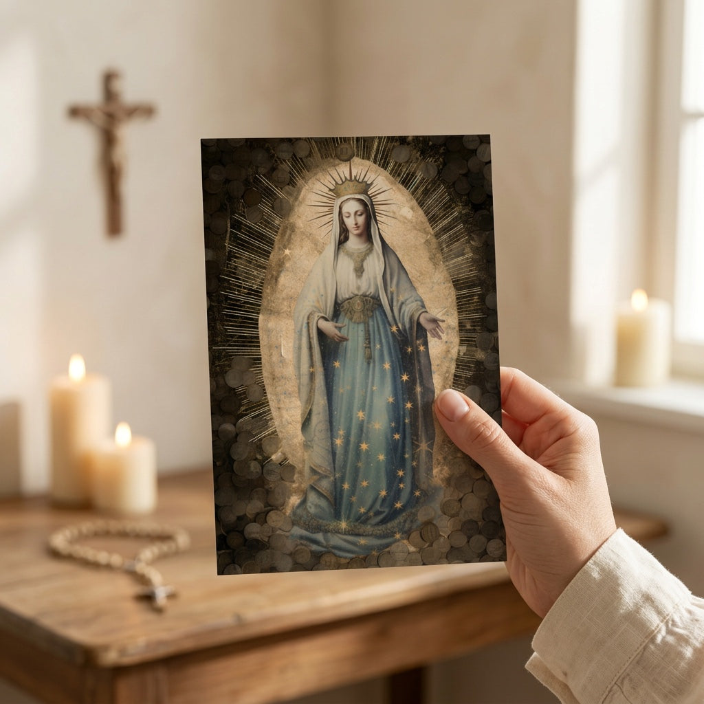 Hand holding Miraculous Medal prayer card near crucifix and rosary at home altar