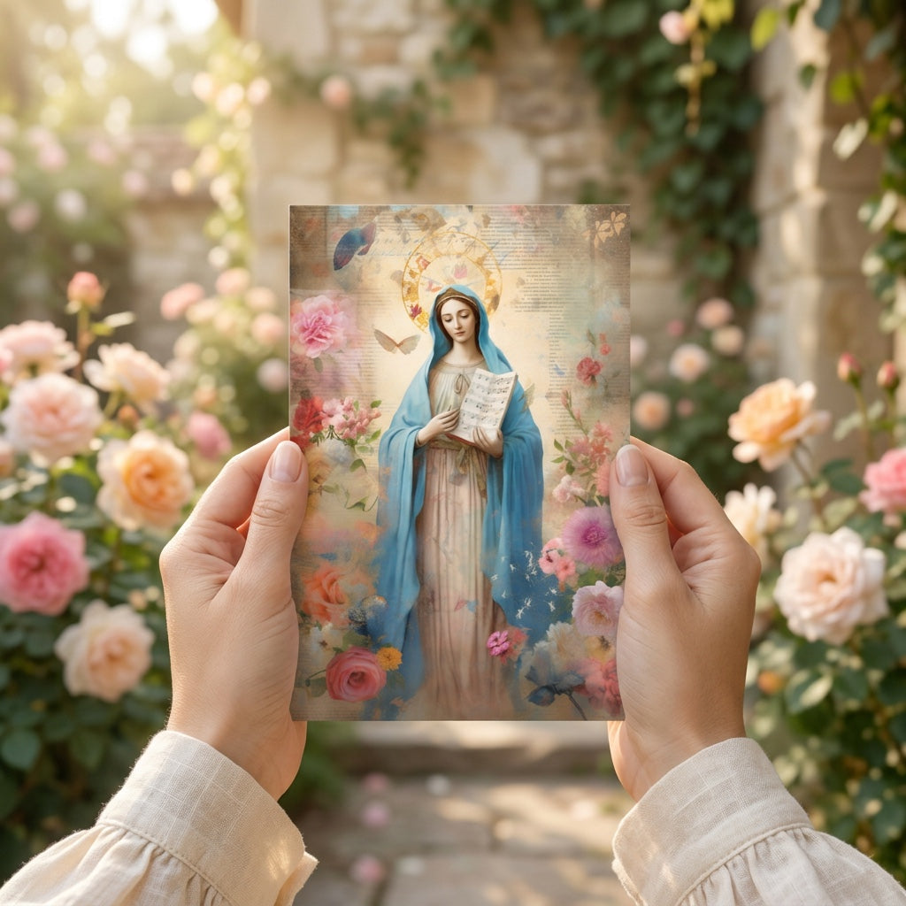 Hands holding Our Lady of Hope prayer card among blooming roses in a garden