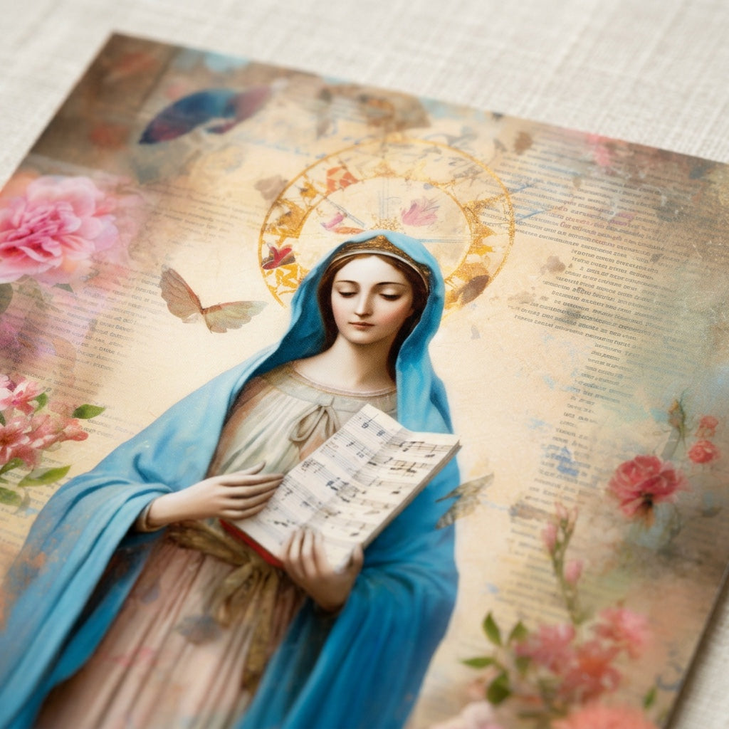 Close-up detail of Our Lady of Hope artwork holding an open prayer book