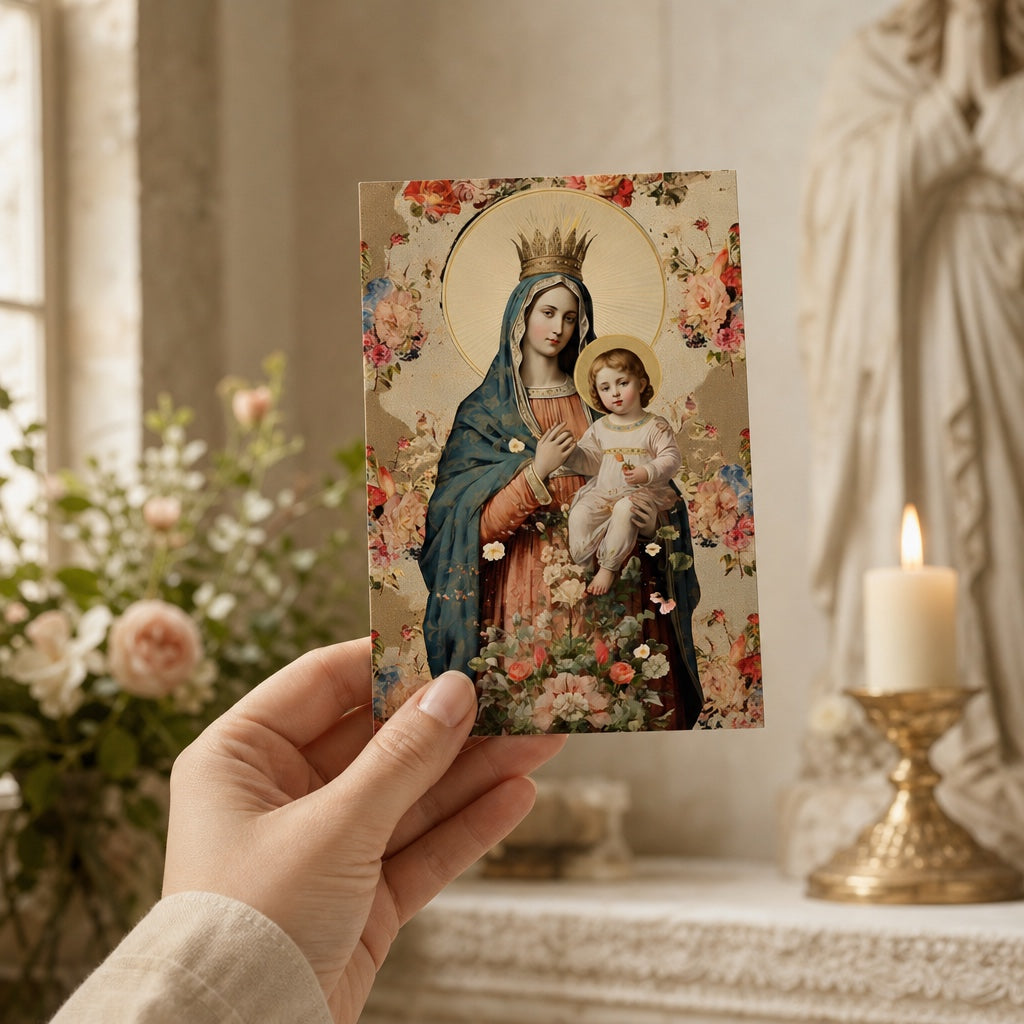 Hand holding Our Lady of Consolation prayer card near a statue and candle