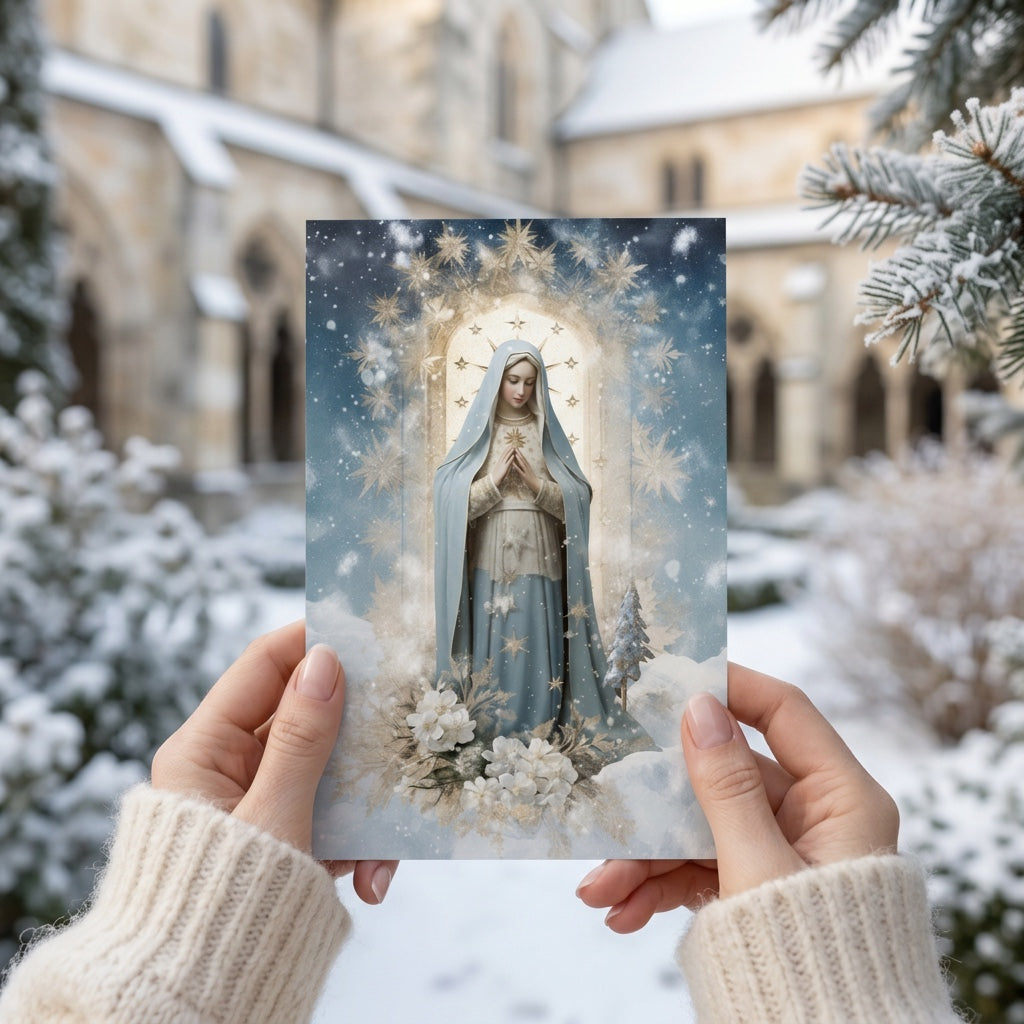 Hands holding Our Lady of the Snows prayer card in a snowy church courtyard