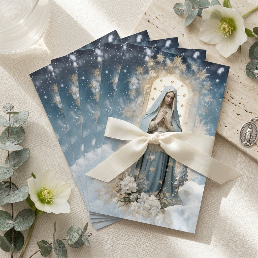 Bundle of Our Lady of the Snows prayer cards tied with ribbon among winter florals
