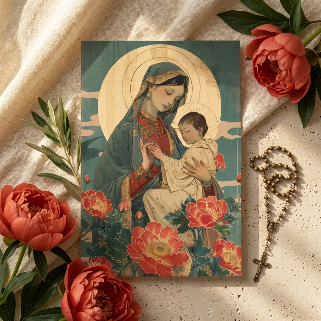 Our Lady of Perpetual Help prayer card with Mary and Child among peonies and rosary