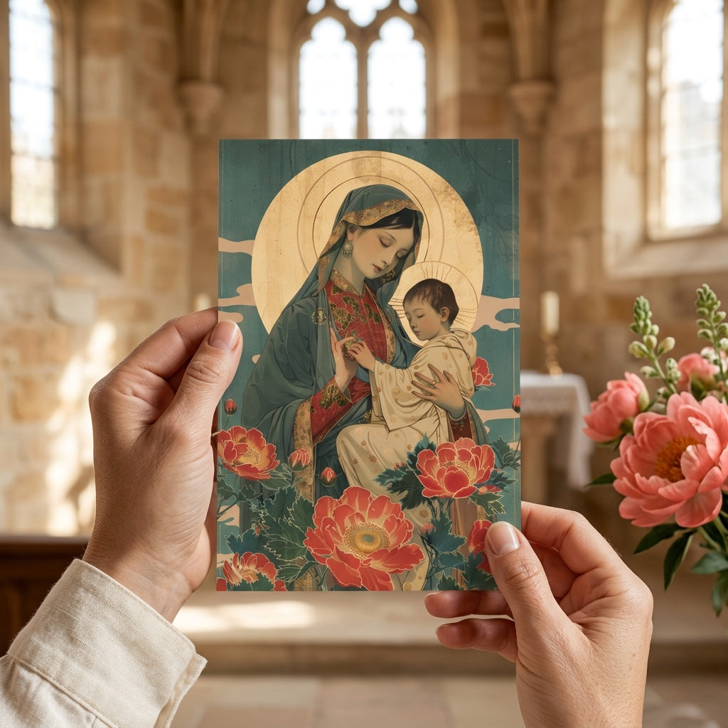 Hands holding Our Lady of Perpetual Help prayer card inside a church with peonies