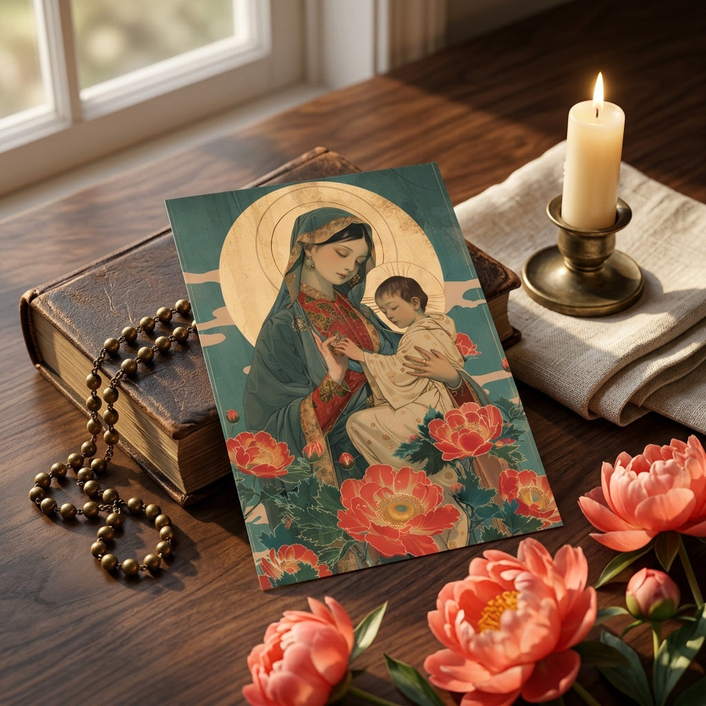 Our Lady of Perpetual Help prayer card with rosary, Bible, and candle for devotion