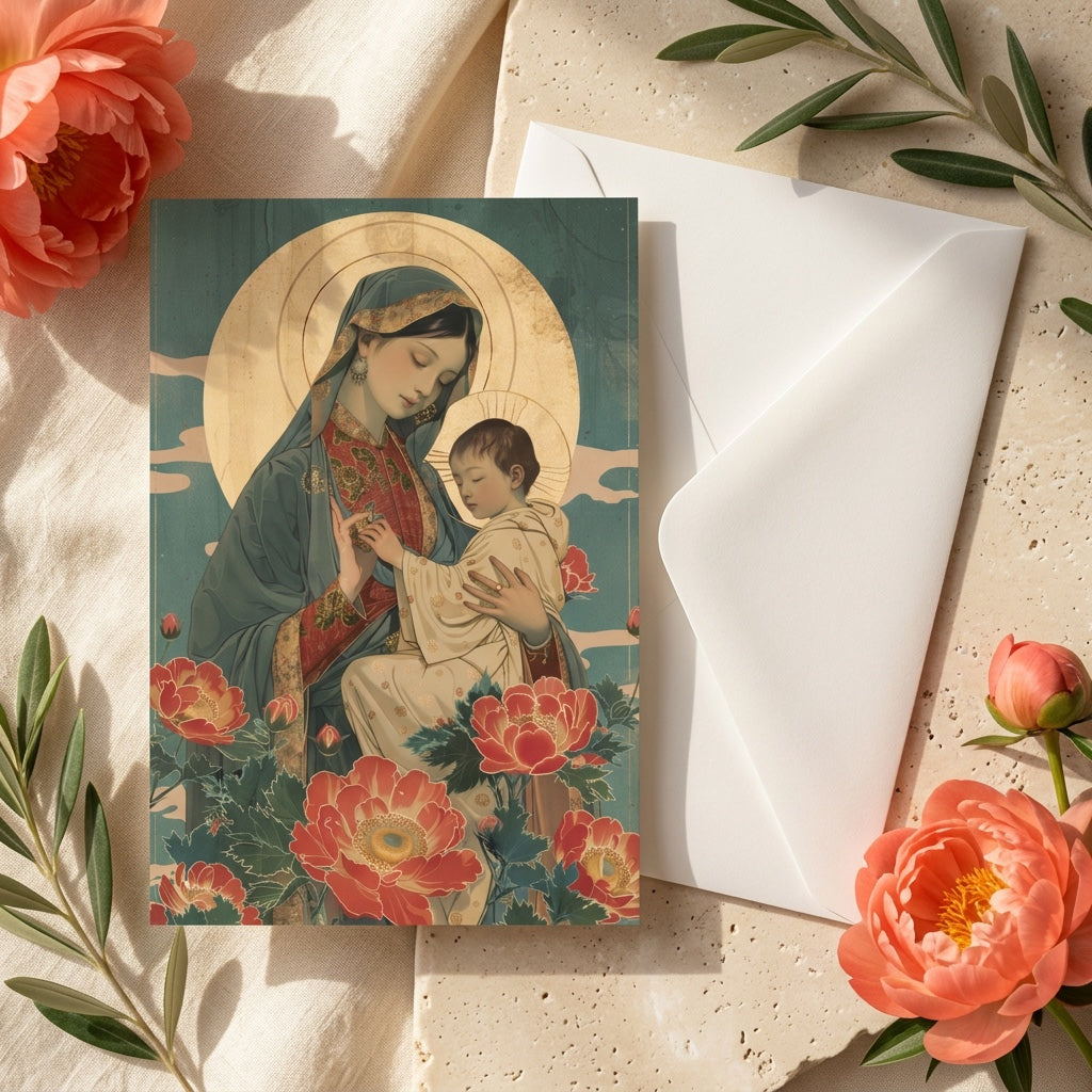 Our Lady of Perpetual Help prayer card with envelope and coral peonies