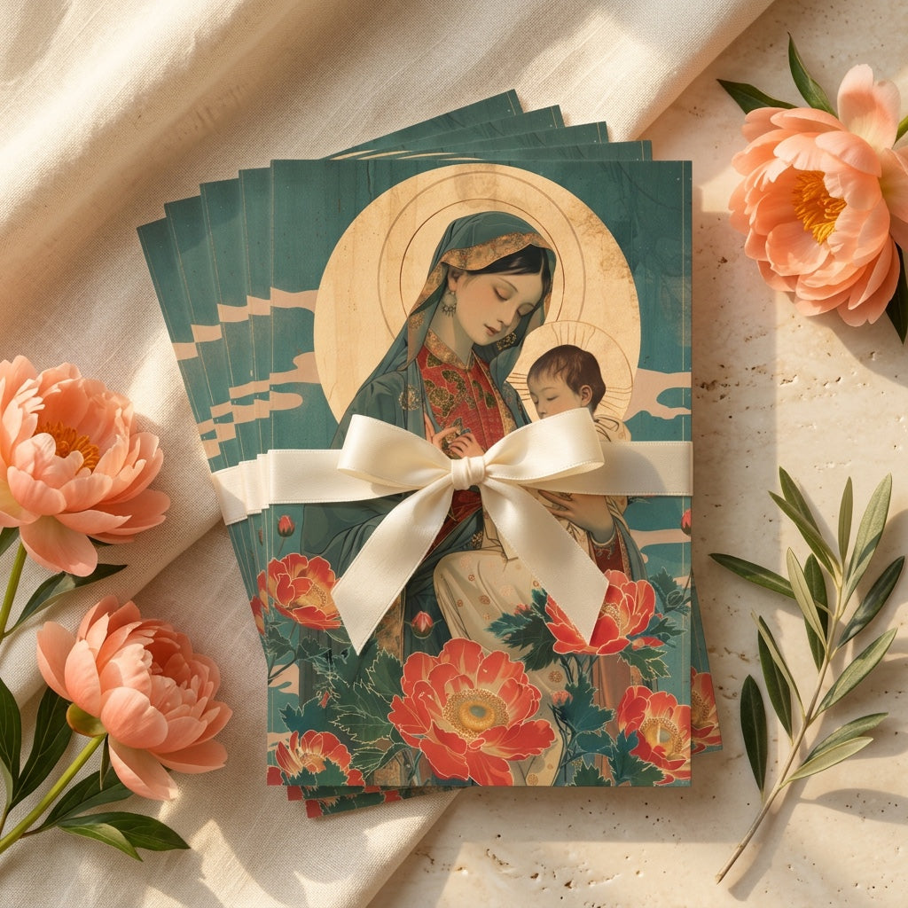 Bundle of Our Lady of Perpetual Help prayer cards tied with ribbon among peonies