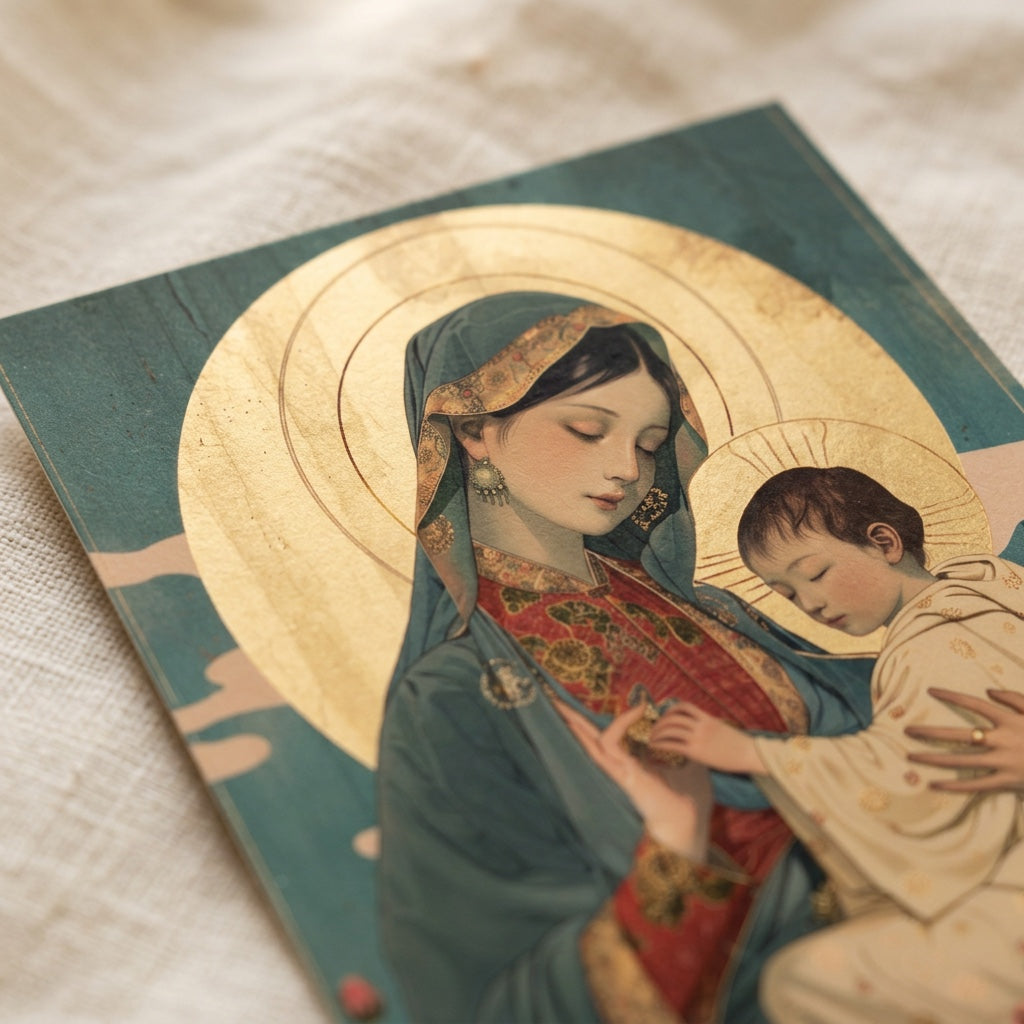 Close-up detail of Our Lady of Perpetual Help with Mary and Child Jesus