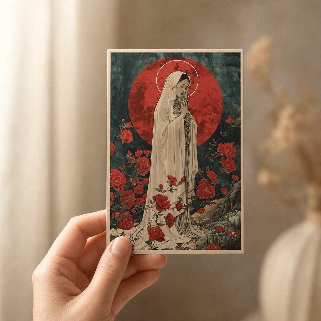 Woman holding Our Lady of Lourdes prayer card, illustrated Catholic holy card
