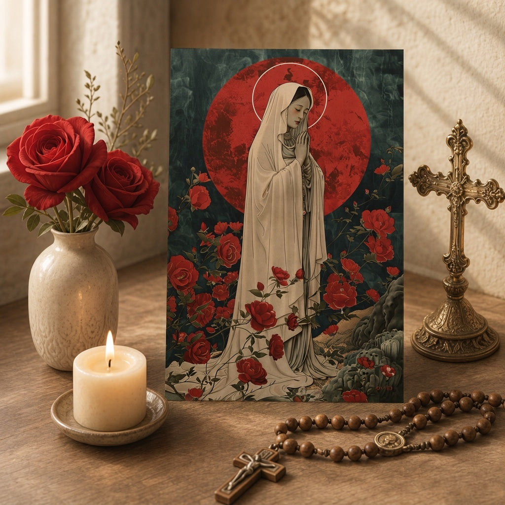 Our Lady of Lourdes holy card with rosary, red roses, and candle on altar