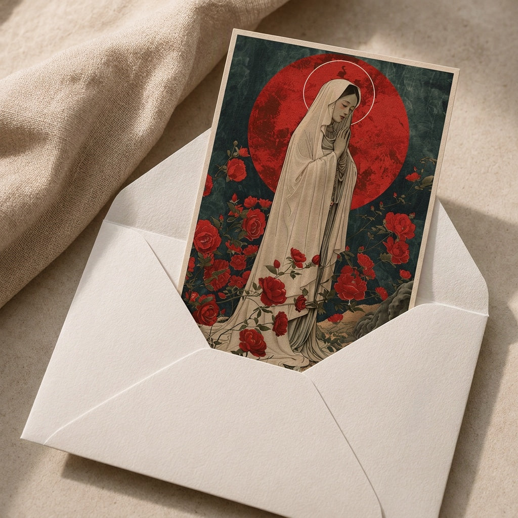 Our Lady of Lourdes prayer card in white envelope, ready to gift