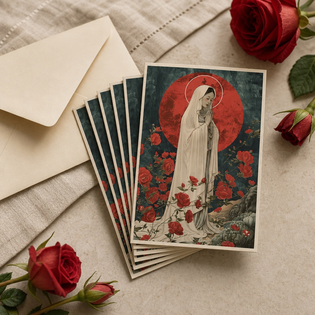 Bundle of Our Lady of Lourdes prayer cards with red roses, Catholic gift set