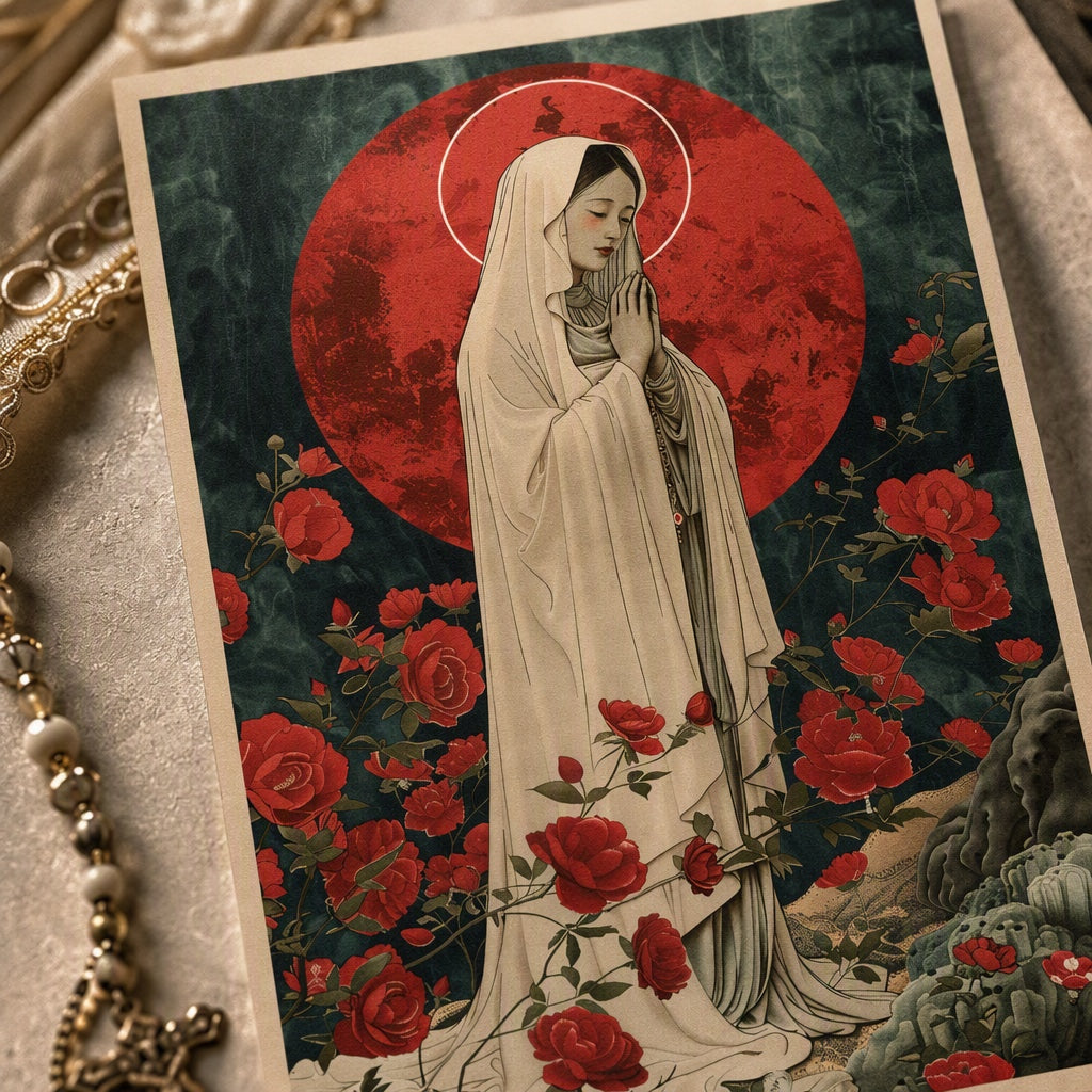 Close-up of Our Lady of Lourdes illustration, red moon and rose garden design