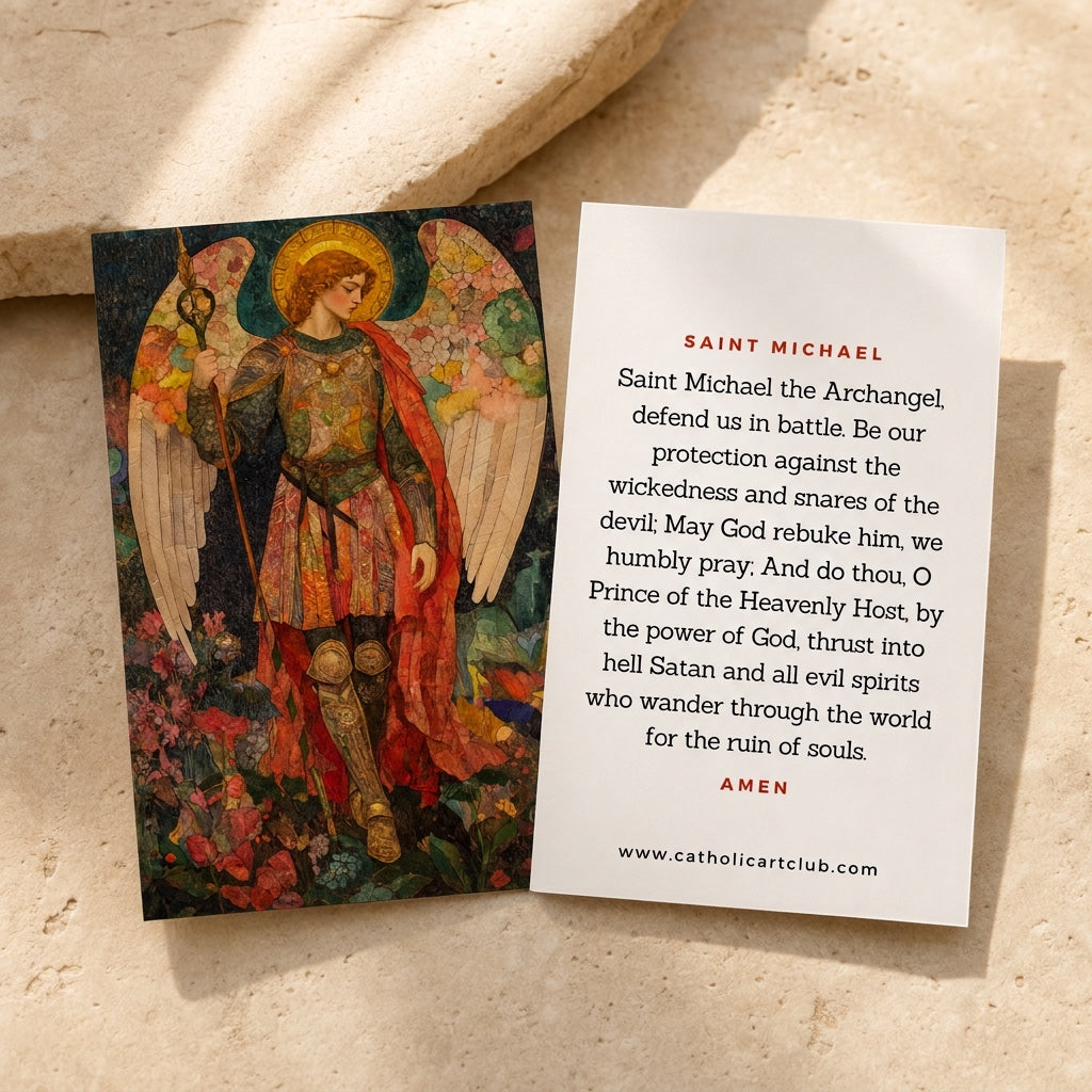 Front and back of Saint Michael prayer card with the St. Michael Prayer, on sunlit stone