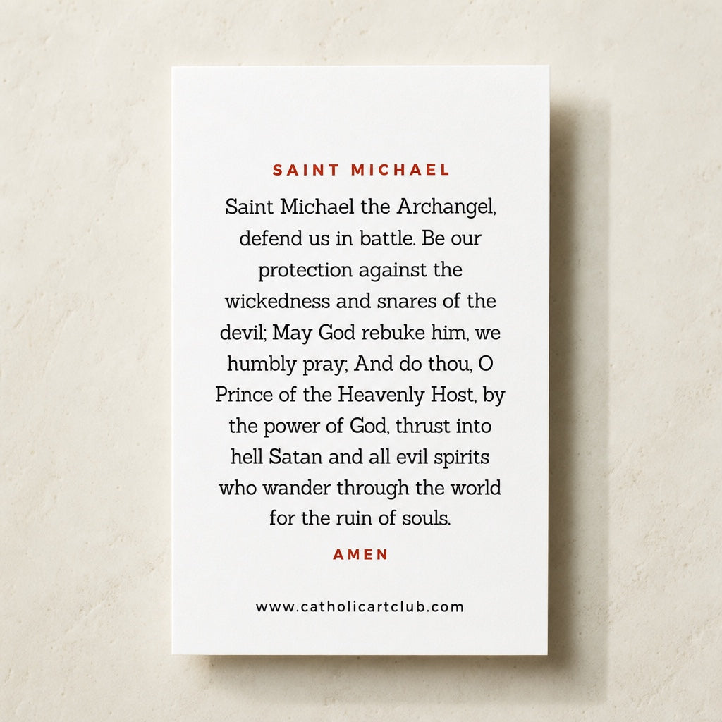 Back of Saint Michael prayer card showing the full Saint Michael the Archangel prayer