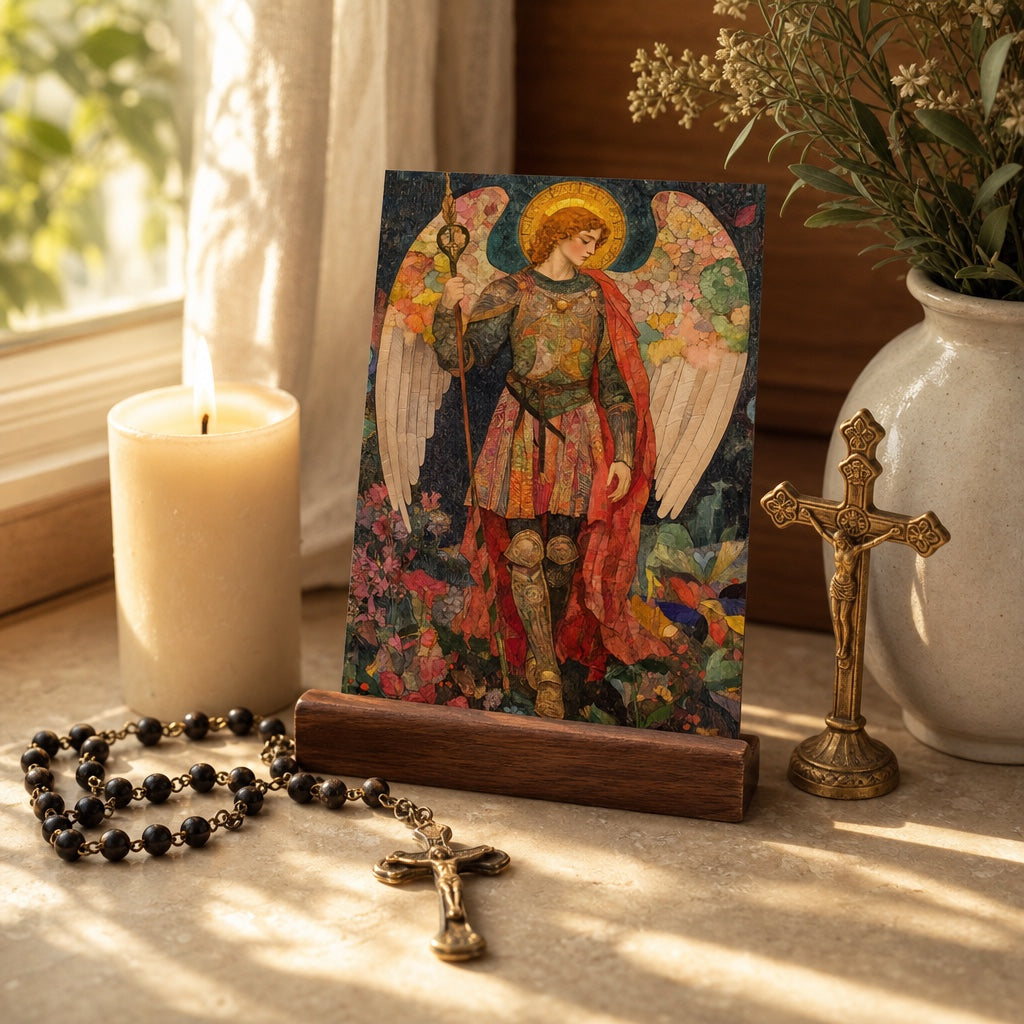 Saint Michael prayer card in a wooden stand on a home altar with candle, rosary and crucifix