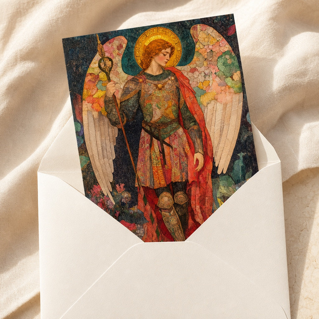 Saint Michael the Archangel card in a cream envelope, ready to send as a gift