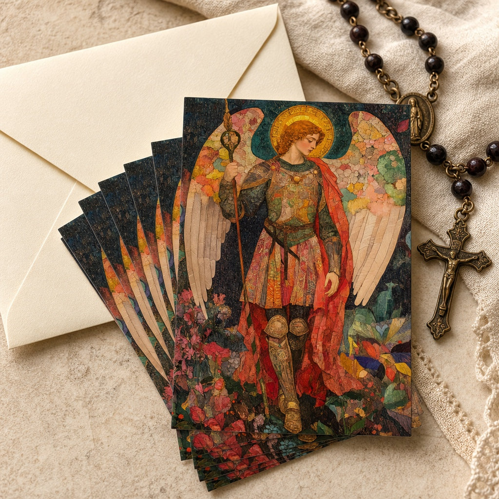 Saint Michael prayer cards fanned out with an envelope and a dark rosary