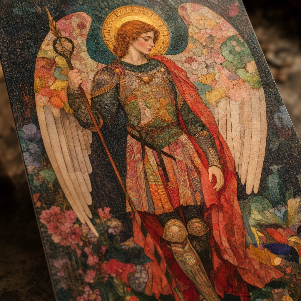 Close-up of Saint Michael the Archangel in armor with gold halo, spear and colorful wings, mosaic art