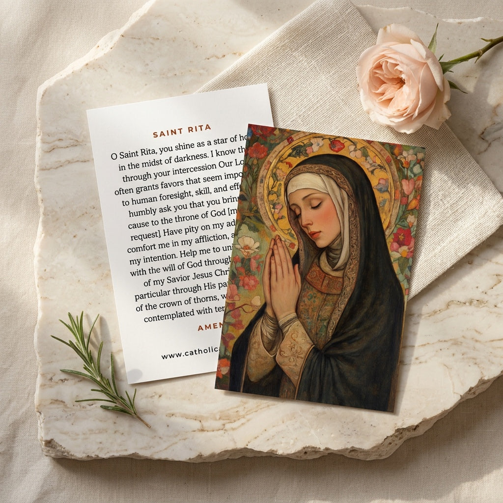 Saint Rita prayer card front and back with prayer for impossible causes