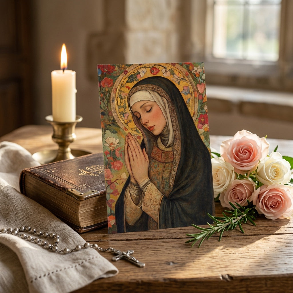 Saint Rita of Cascia prayer card with rosary, Bible, and candle for devotion