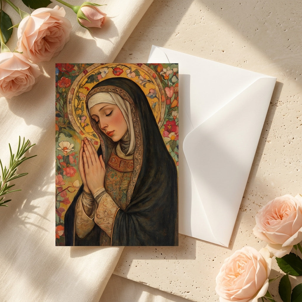 Saint Rita of Cascia prayer card with envelope, roses, and rosemary