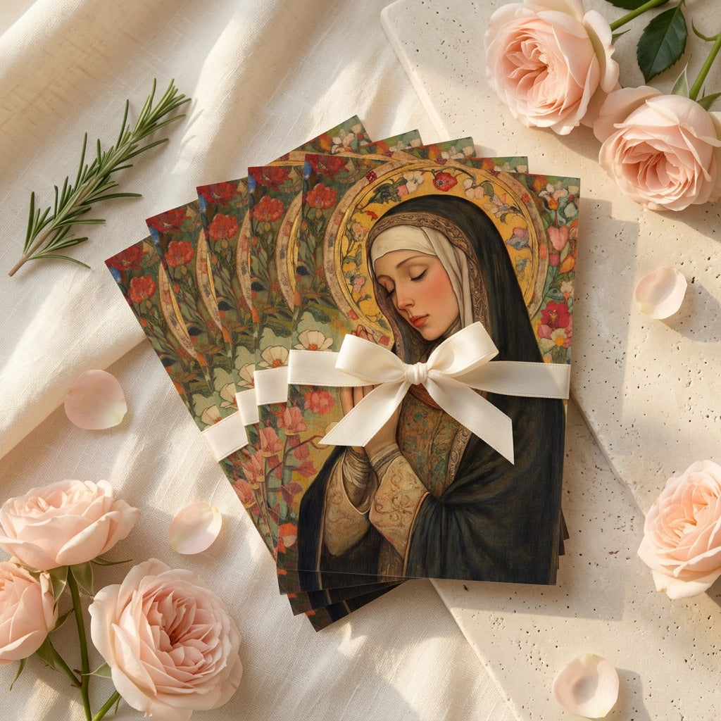 Bundle of Saint Rita prayer cards tied with ribbon among pink roses
