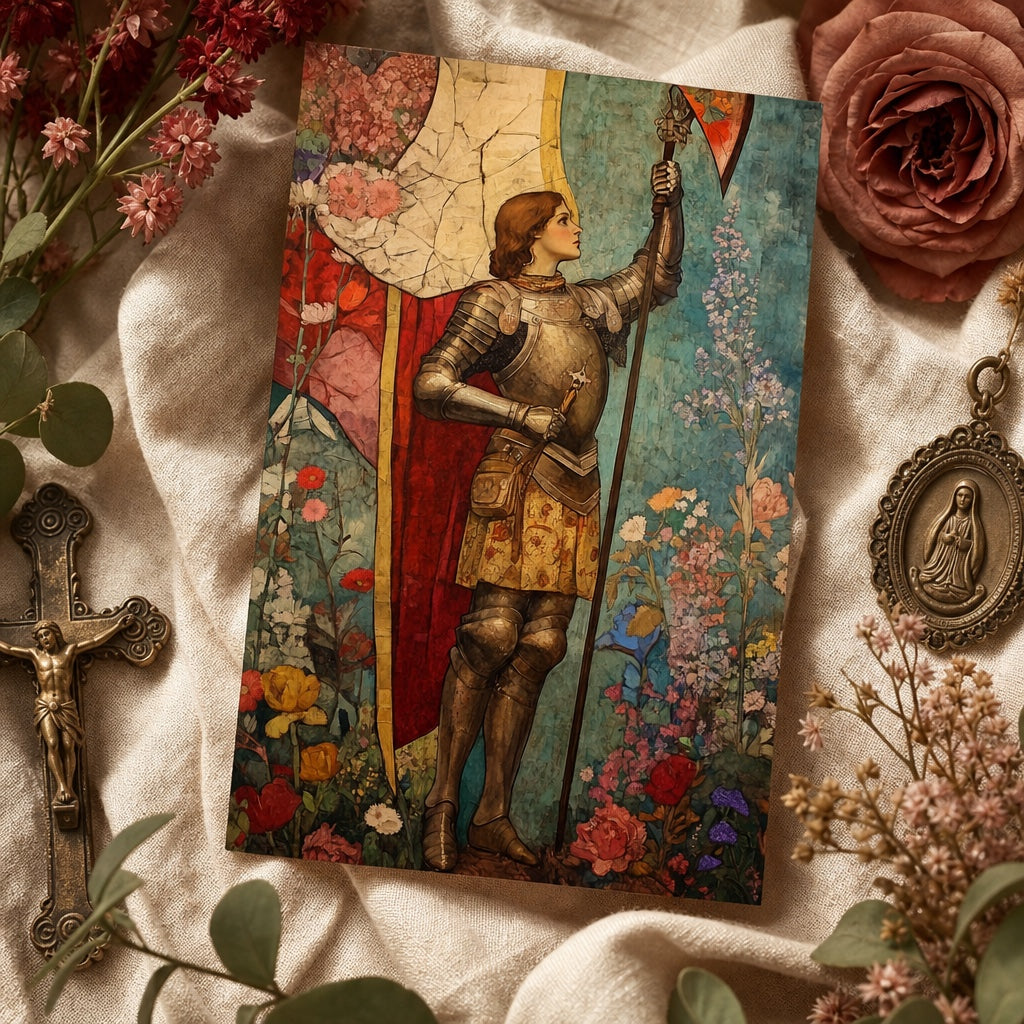 Saint Joan of Arc prayer card holding banner in armor among wildflowers
