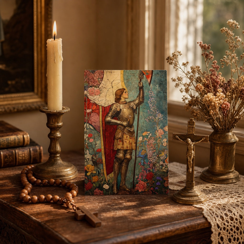 Saint Joan of Arc prayer card with rosary, candle, and crucifix for devotion
