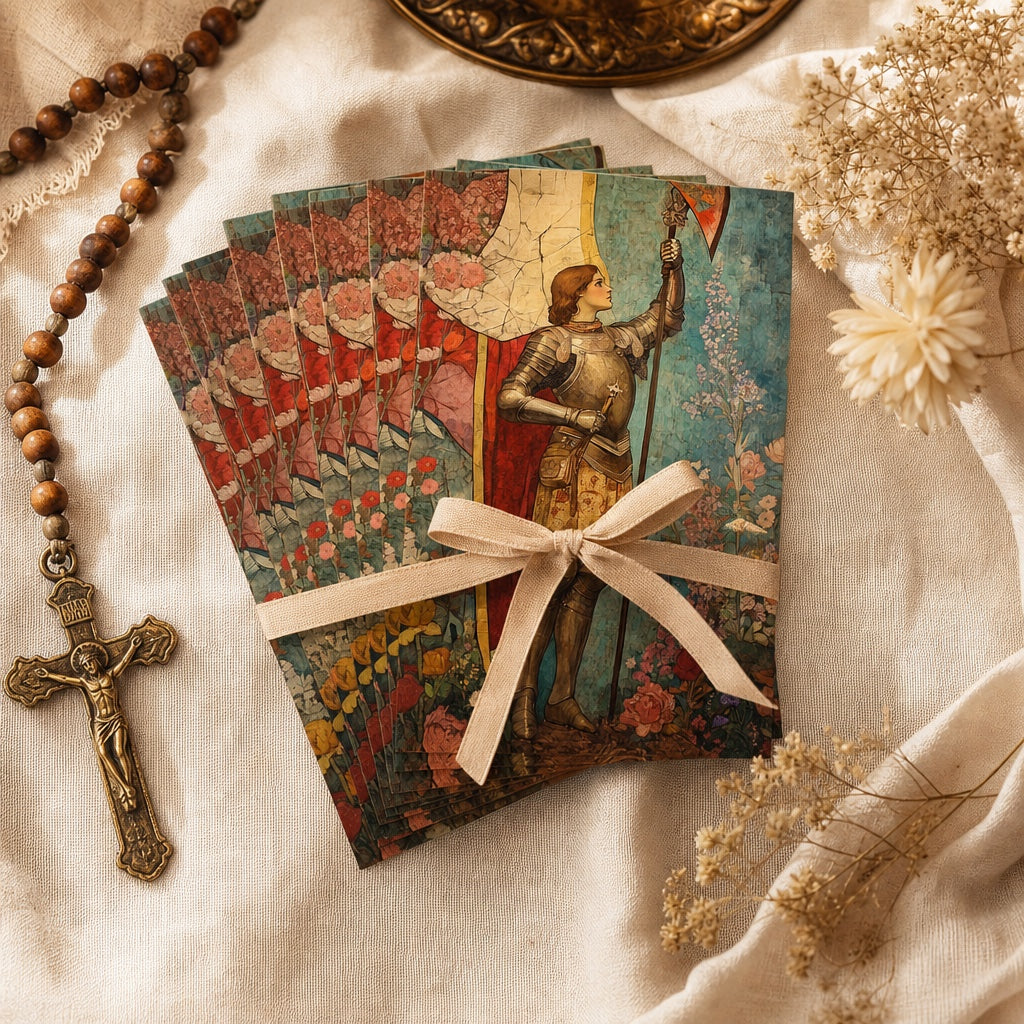 Bundle of Saint Joan of Arc prayer cards tied with ribbon and rosary