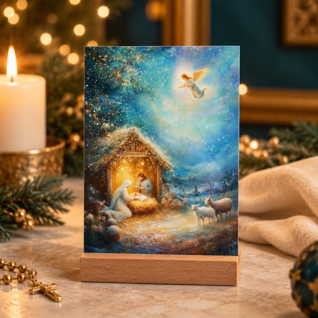 Madonna and Child Christmas prayer card with pine and candlelight