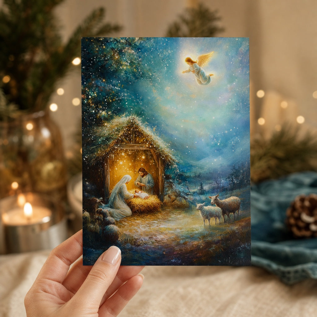 Hand holding the 4x6 Madonna and Child Christmas prayer card