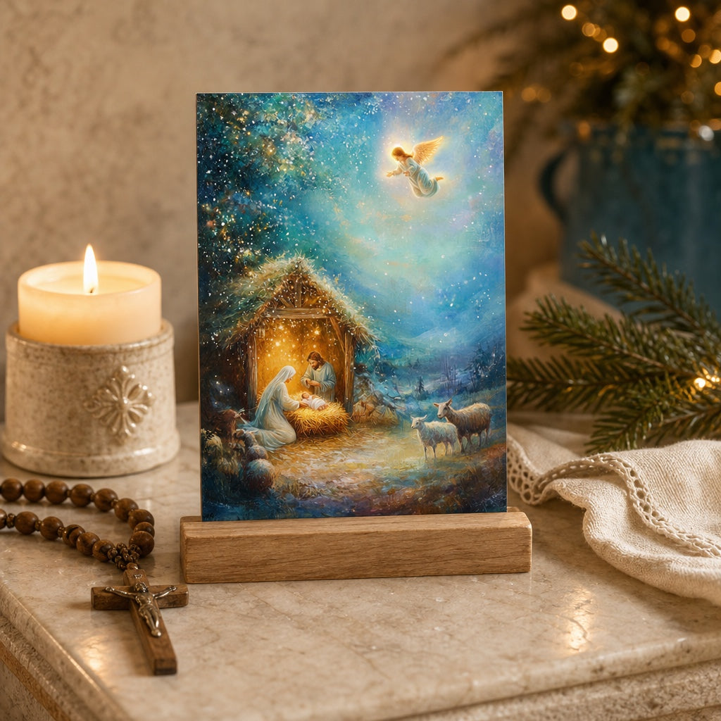 Madonna and Child Christmas prayer card with rosary, Bible and candle