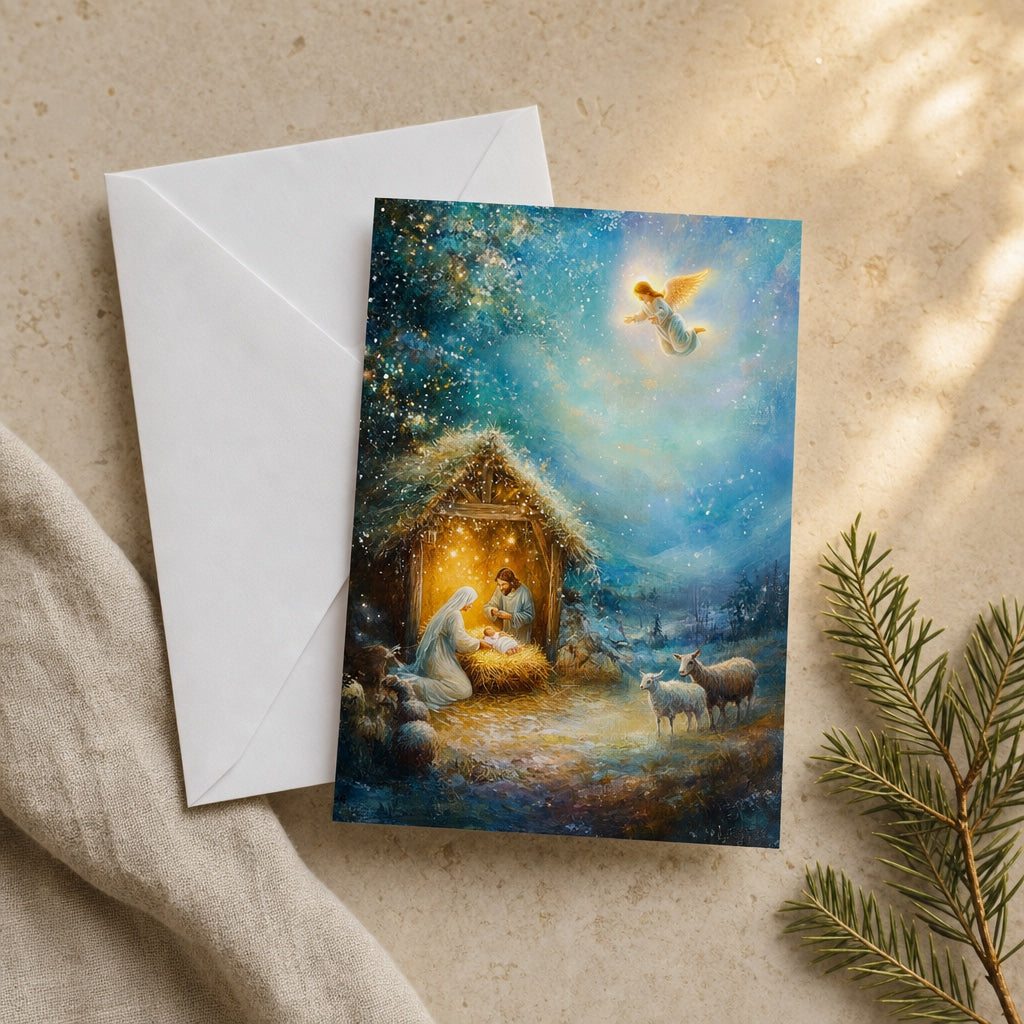 Madonna and Child Christmas prayer card with white envelope, ready to give