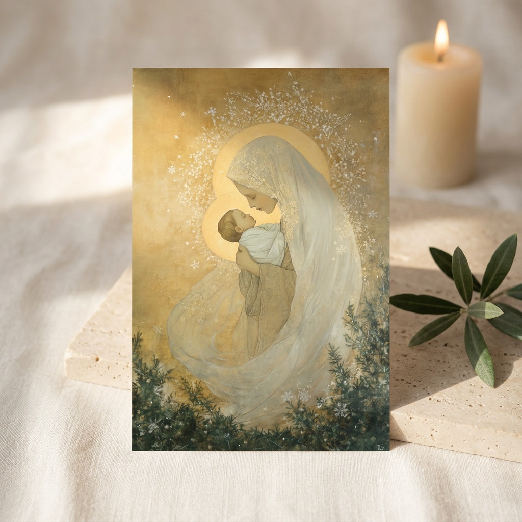 Madonna and Child Christmas card with candle, pine, and olive branch