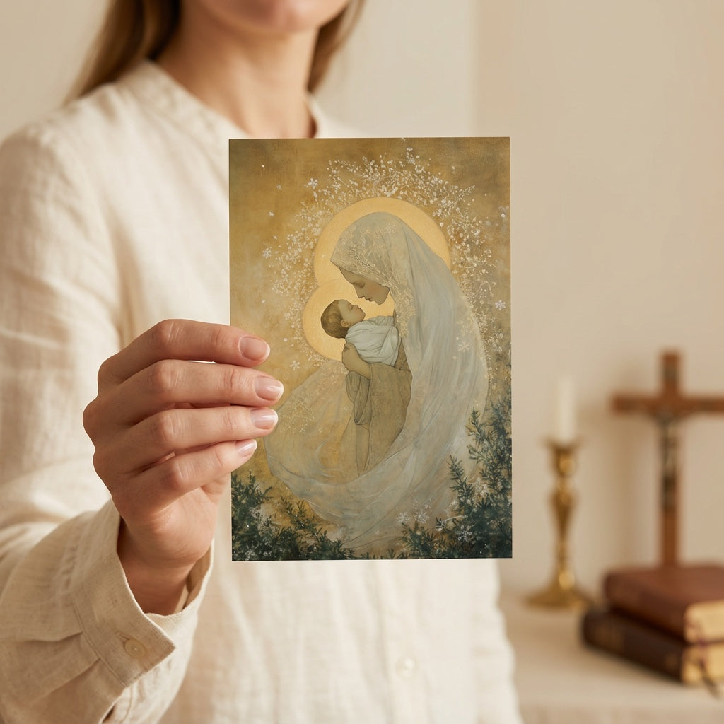 Woman holding Madonna and Child Christmas card near crucifix and prayer books
