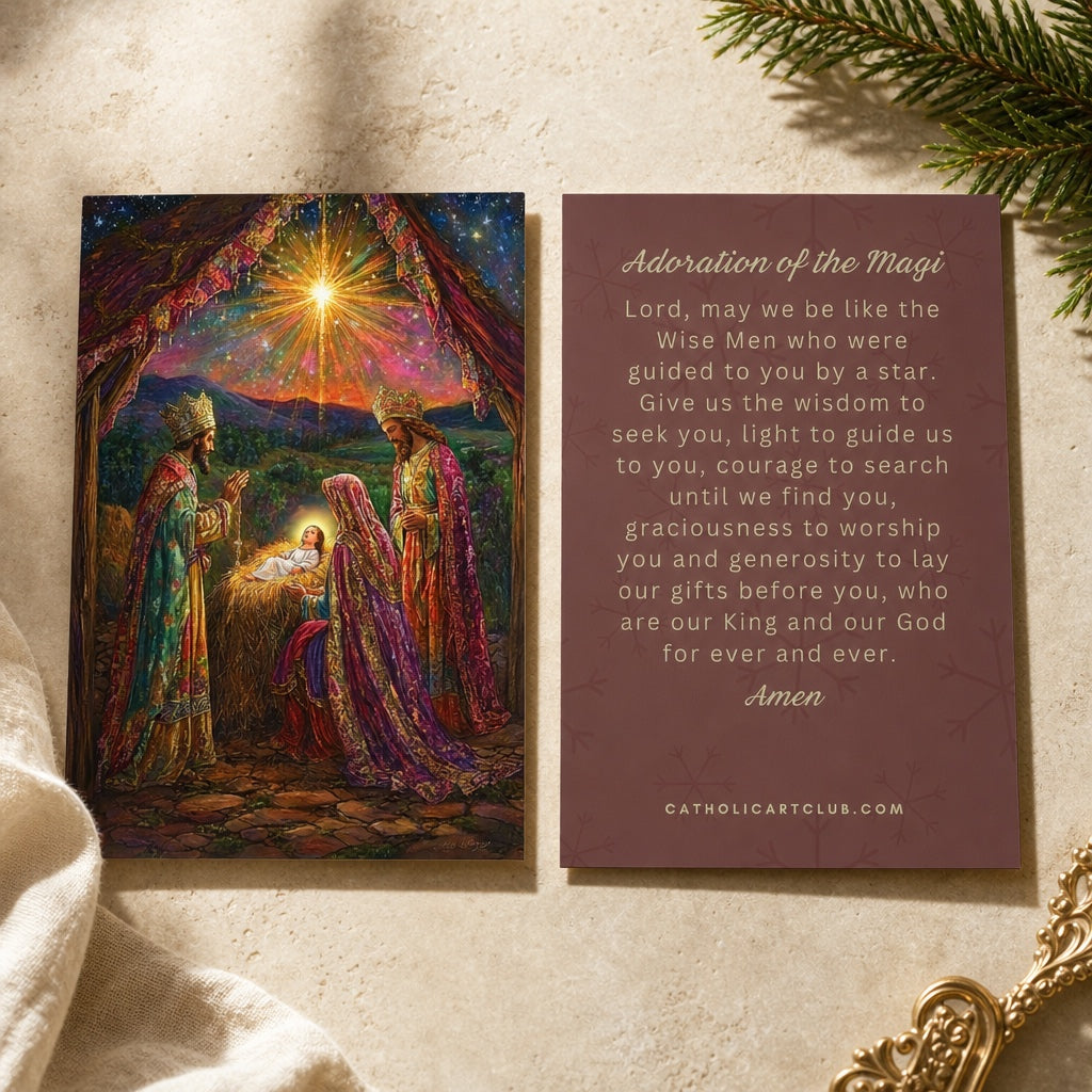Front and back of the Adoration of the Magi prayer card with the Wise Men prayer on a burgundy snowflake back