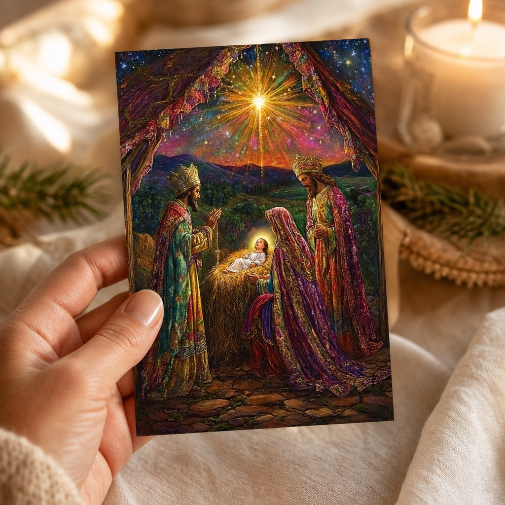 Hand holding a 4x6 Adoration of the Magi Christmas prayer card by candlelight