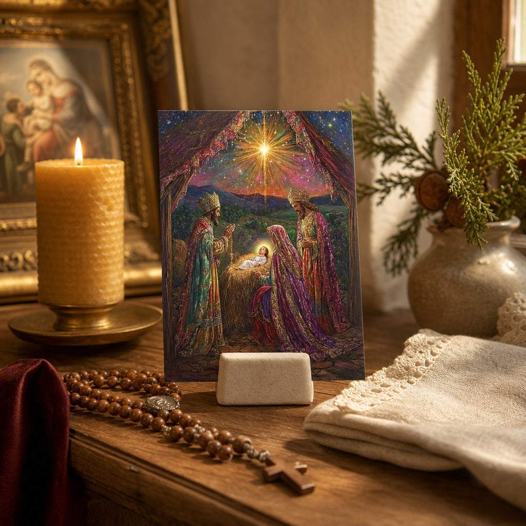 Adoration of the Magi prayer card on a home altar with a beeswax candle, wooden rosary and a Madonna painting