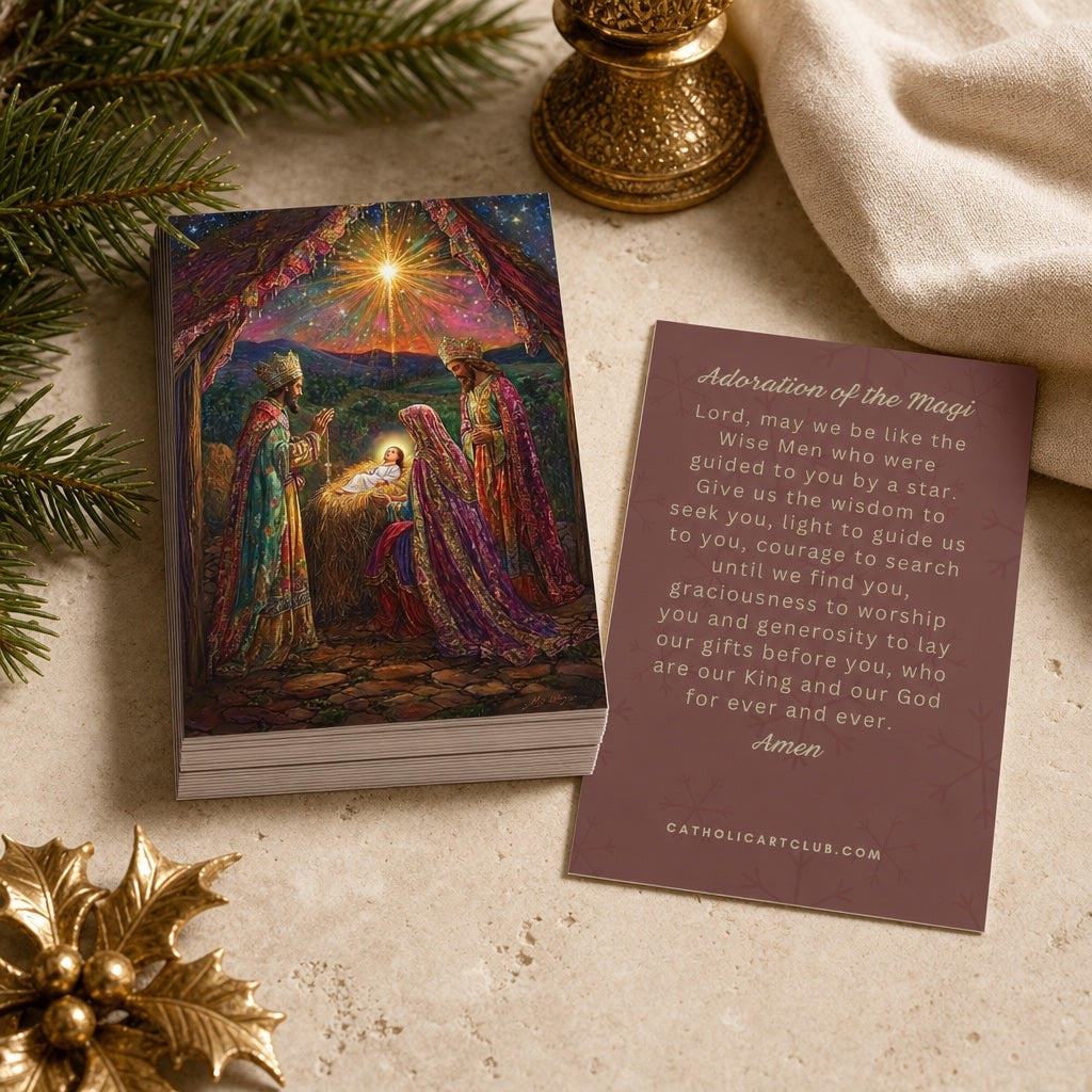 Stack of Adoration of the Magi prayer cards beside the burgundy prayer back, with gold holly and pine