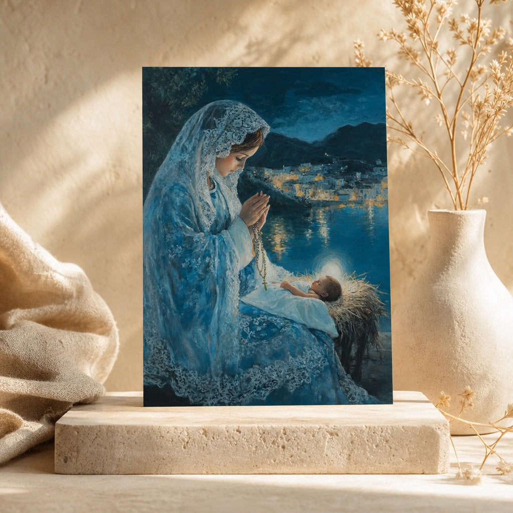 Virgin Mary and Baby Jesus prayer card on a travertine block: Mary in a blue lace veil praying the rosary beside the glowing Christ Child in the manger at night