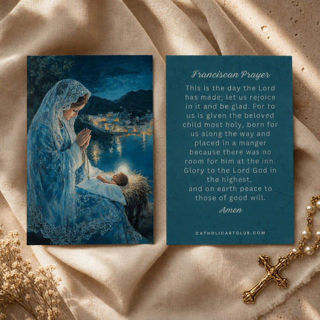 Front and back of the Virgin Mary and Baby Jesus card with the Franciscan Prayer on a teal snowflake back, with a pearl rosary