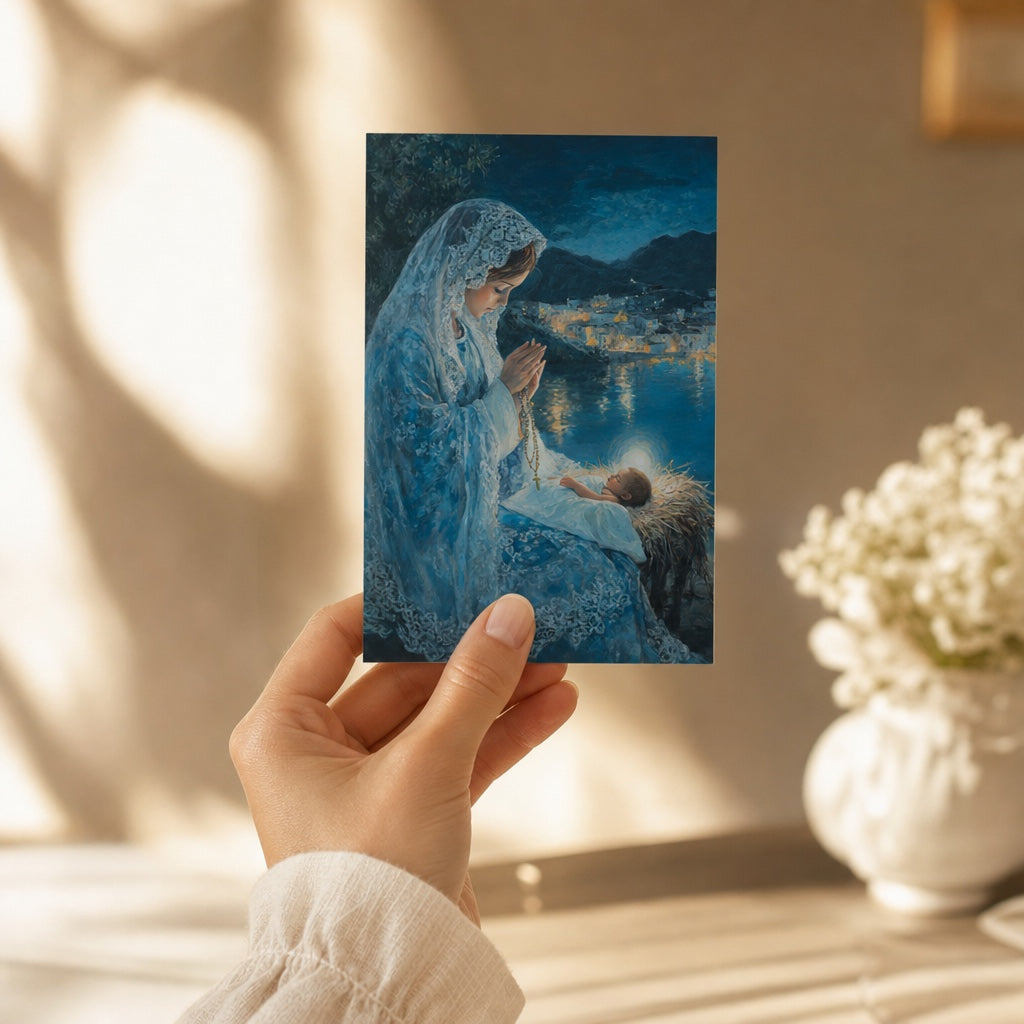 Hand holding a 4x6 Virgin Mary and Baby Jesus Christmas prayer card in soft sunlight