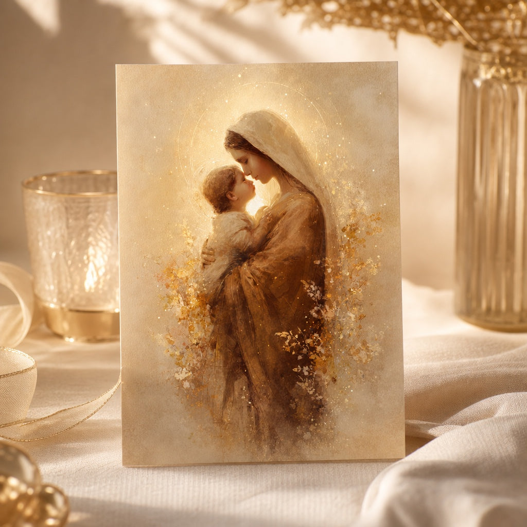 Madonna of the Dawn Christmas card with Mary holding the Christ Child in golden light, beside a candle holder
