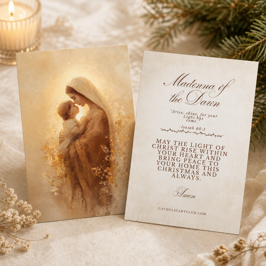 Front and back of Madonna of the Dawn card with Isaiah 60:1 and Christmas blessing, beside pine and candle