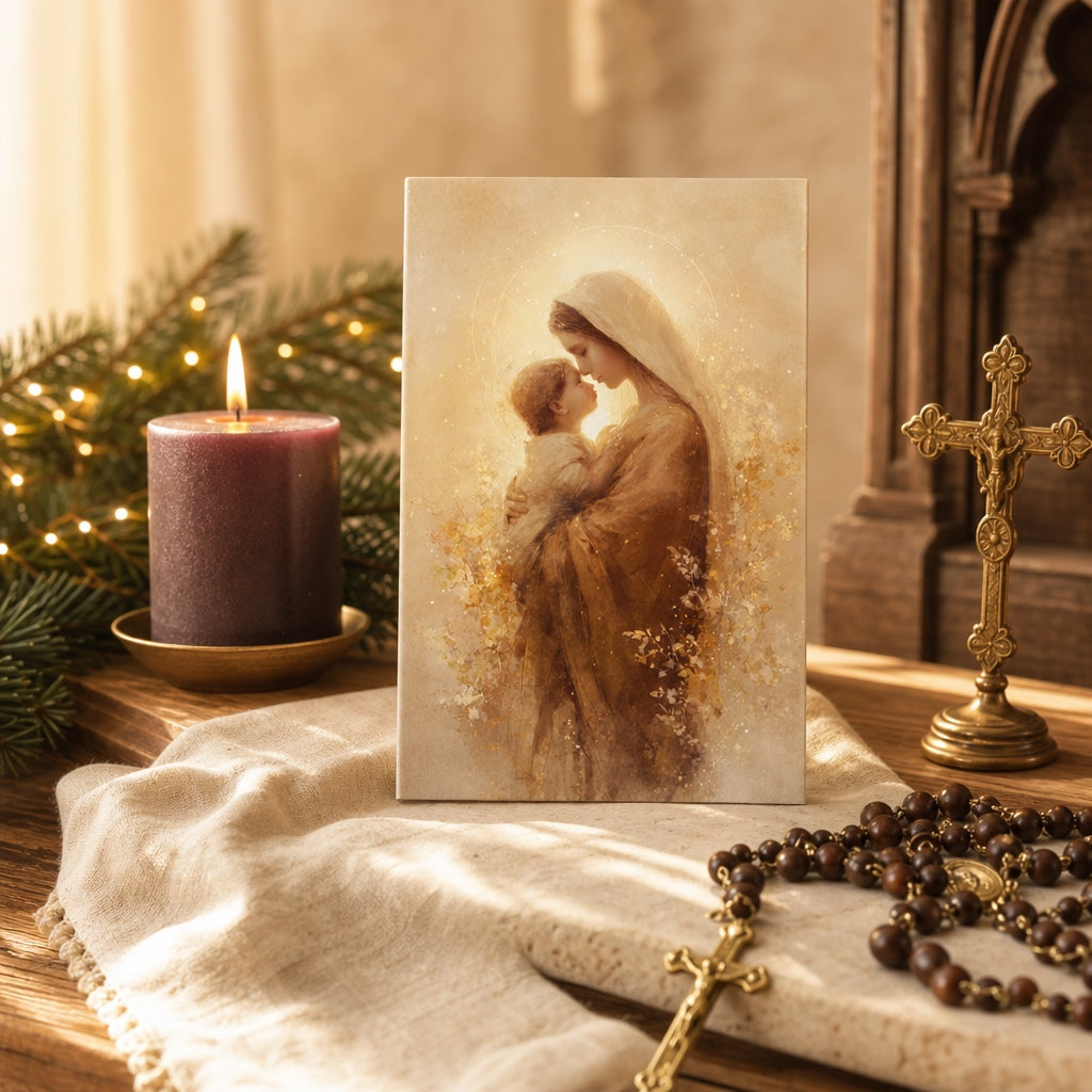 Madonna of the Dawn card on a Christmas home altar with Advent candle, rosary and crucifix