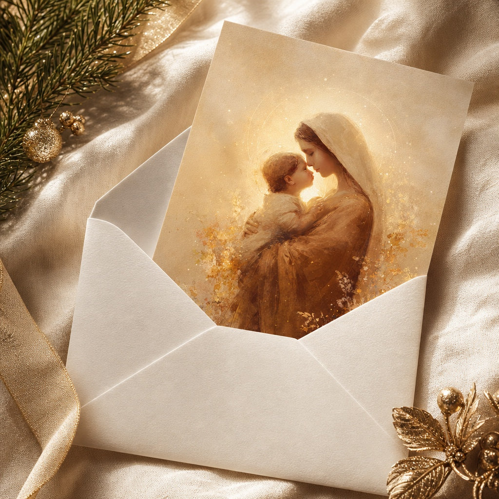 Madonna and Child Christmas card in a white envelope with pine branch and gold ornaments