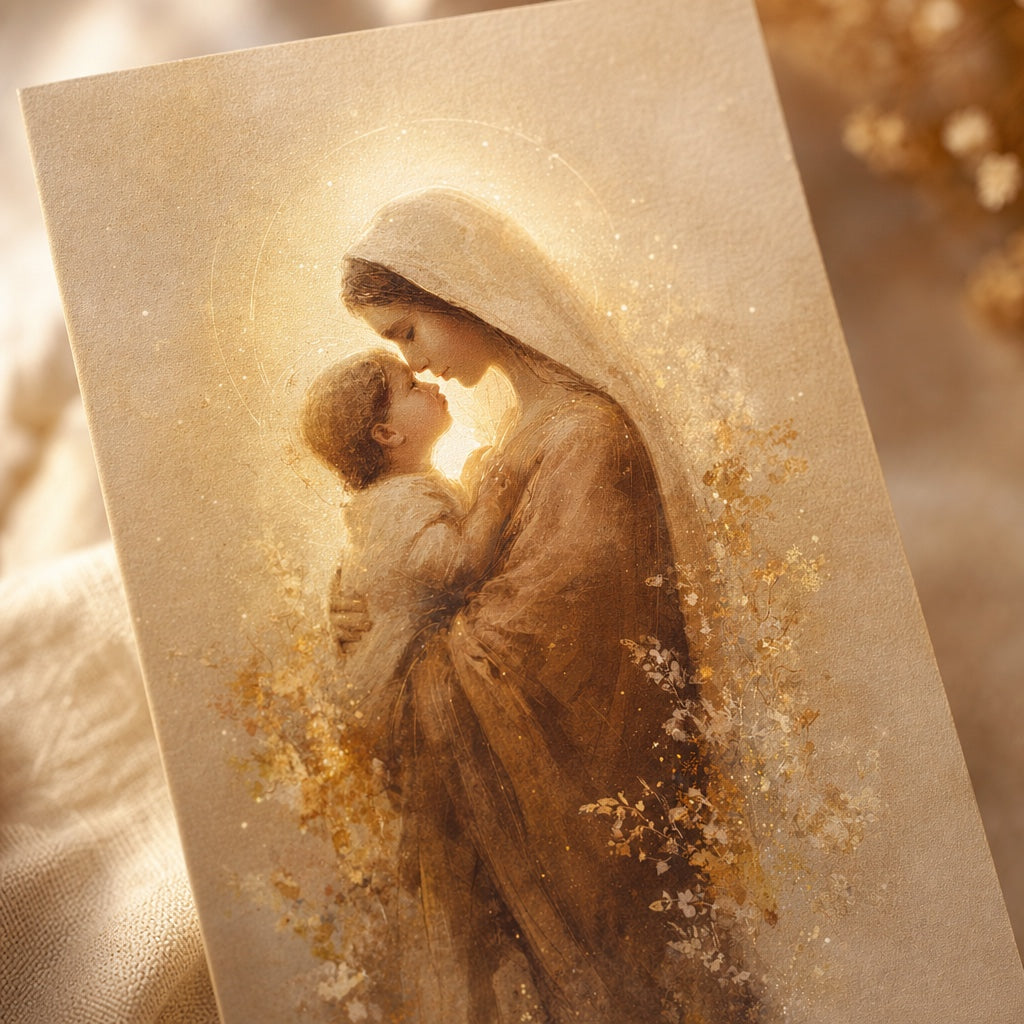 Close-up of the Virgin Mary embracing the Christ Child with golden halo and flowers, Madonna of the Dawn art