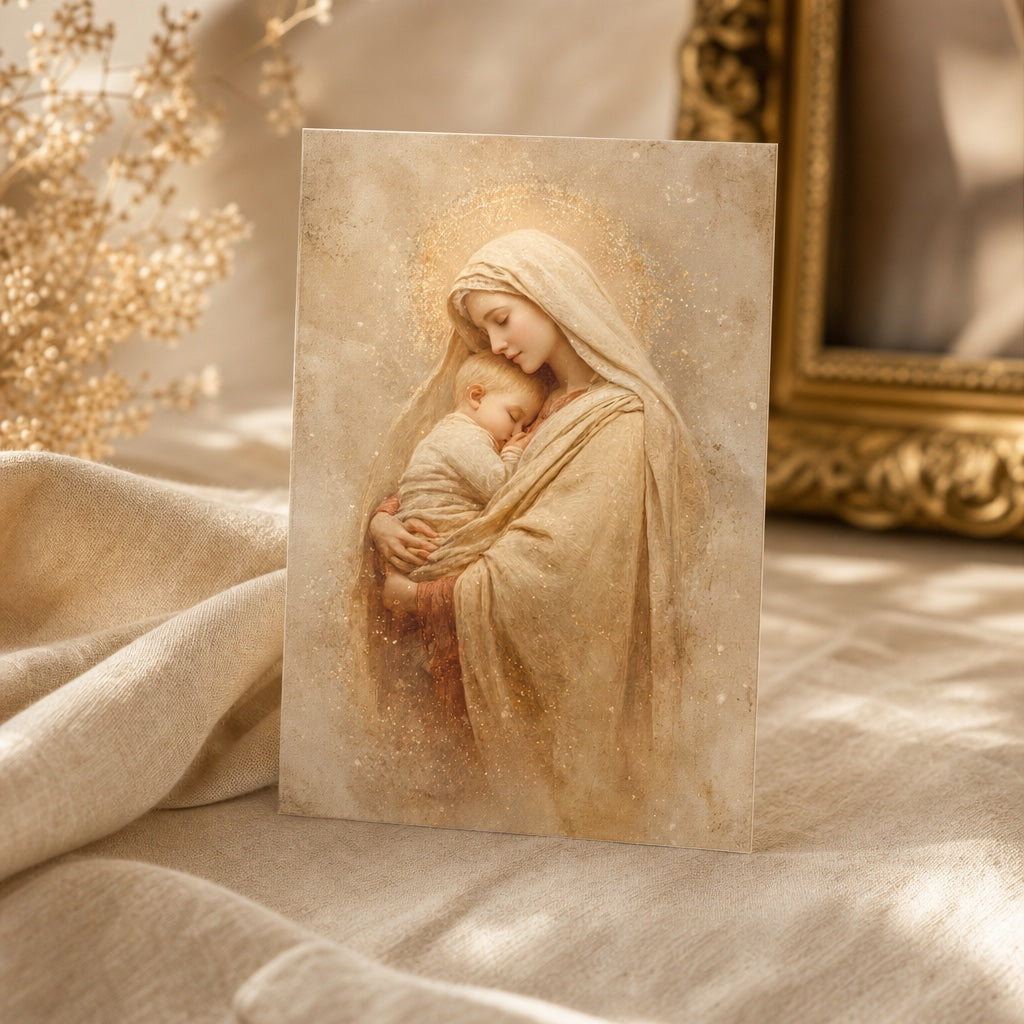 Holy Mother of Peace prayer card with Mary cradling the sleeping Christ Child, beside a gold baroque frame