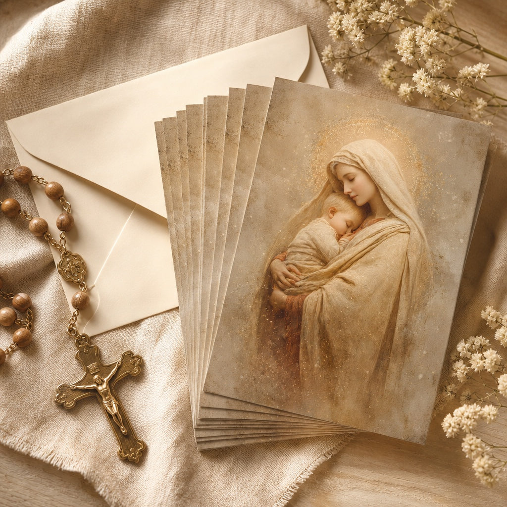 Holy Mother of Peace prayer cards fanned out with an envelope and wooden rosary